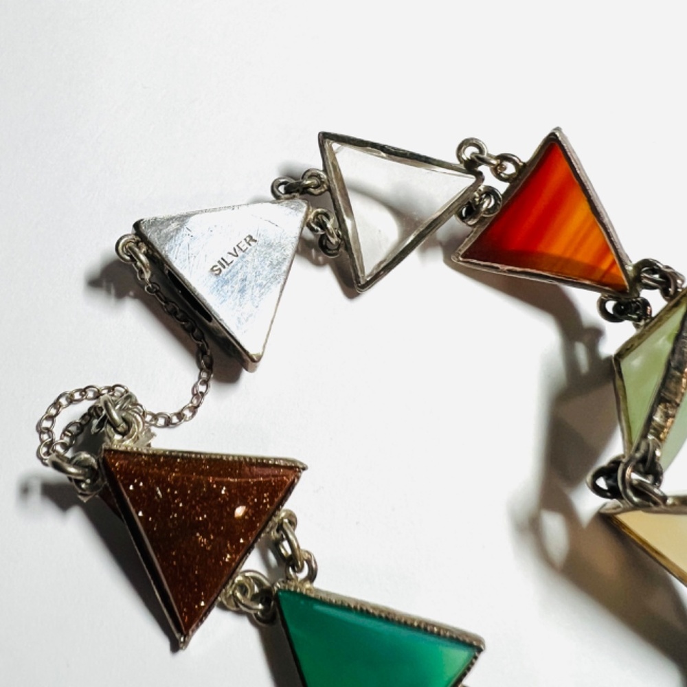 Vintage Midcentury Bracelet - Triangle Faceted Semi Precious Stones - Silver - Picture 2 of 11